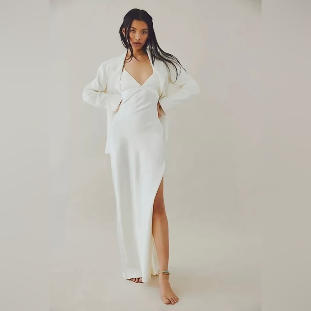 $600 FREE PEOPLE Saint Tropez Set XS Evening Ivory Silky Maxi Dress Linen Blazer